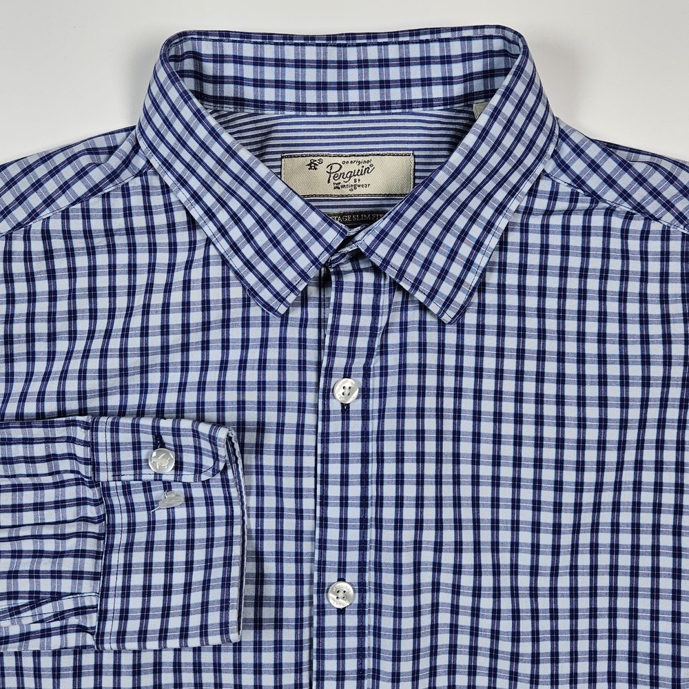 Original Penguin Mens Plaid Button Down Shirt Blue Check‎ Long Sleeve 15.5 34/35
